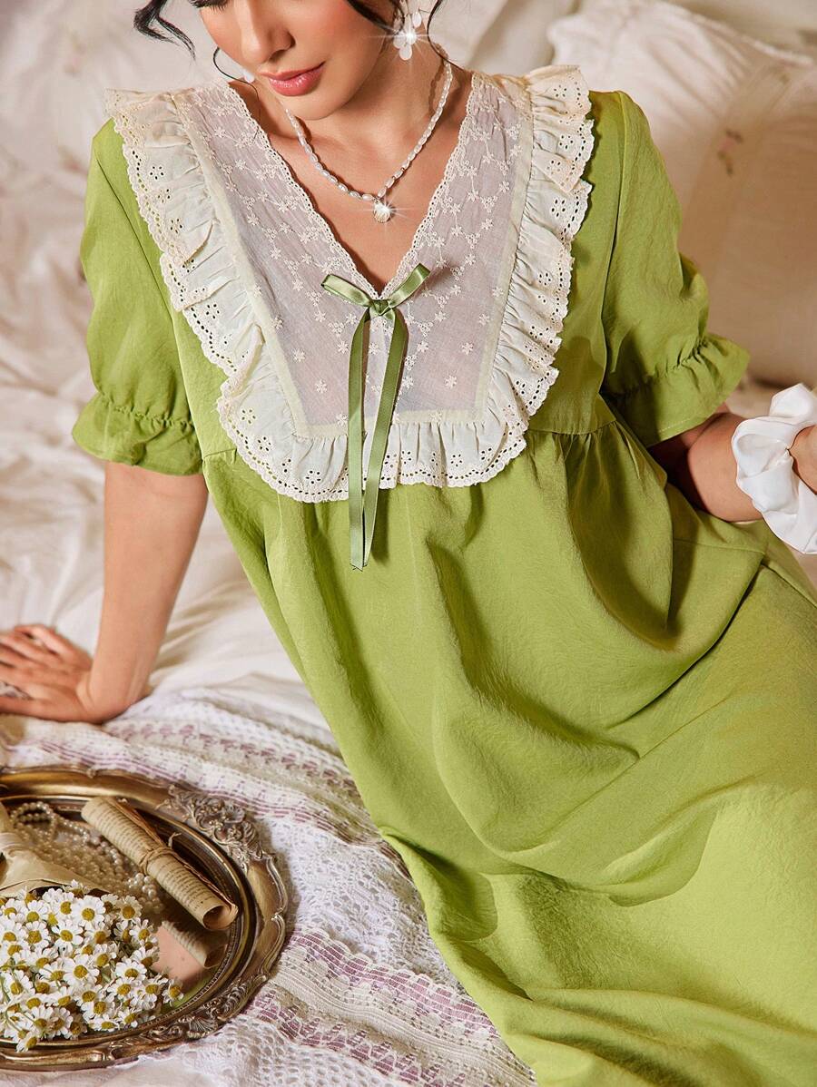 SHEIN Camisón largo con cuello en V con volantes, decoración de lazo y mangas abultadas en contraste de color