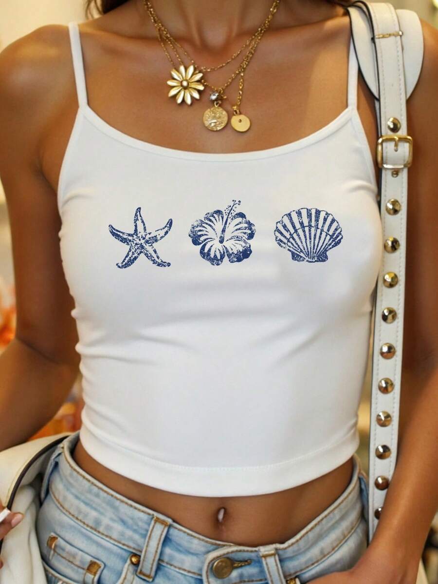 SHEIN EZwear Women's White Casual Sexy Camisole Tank Top Suitable For Summer, With Starfish, Hibiscus, Shell Print,Springbreak,Coconutgirl,Girl Trip,Music Festivel