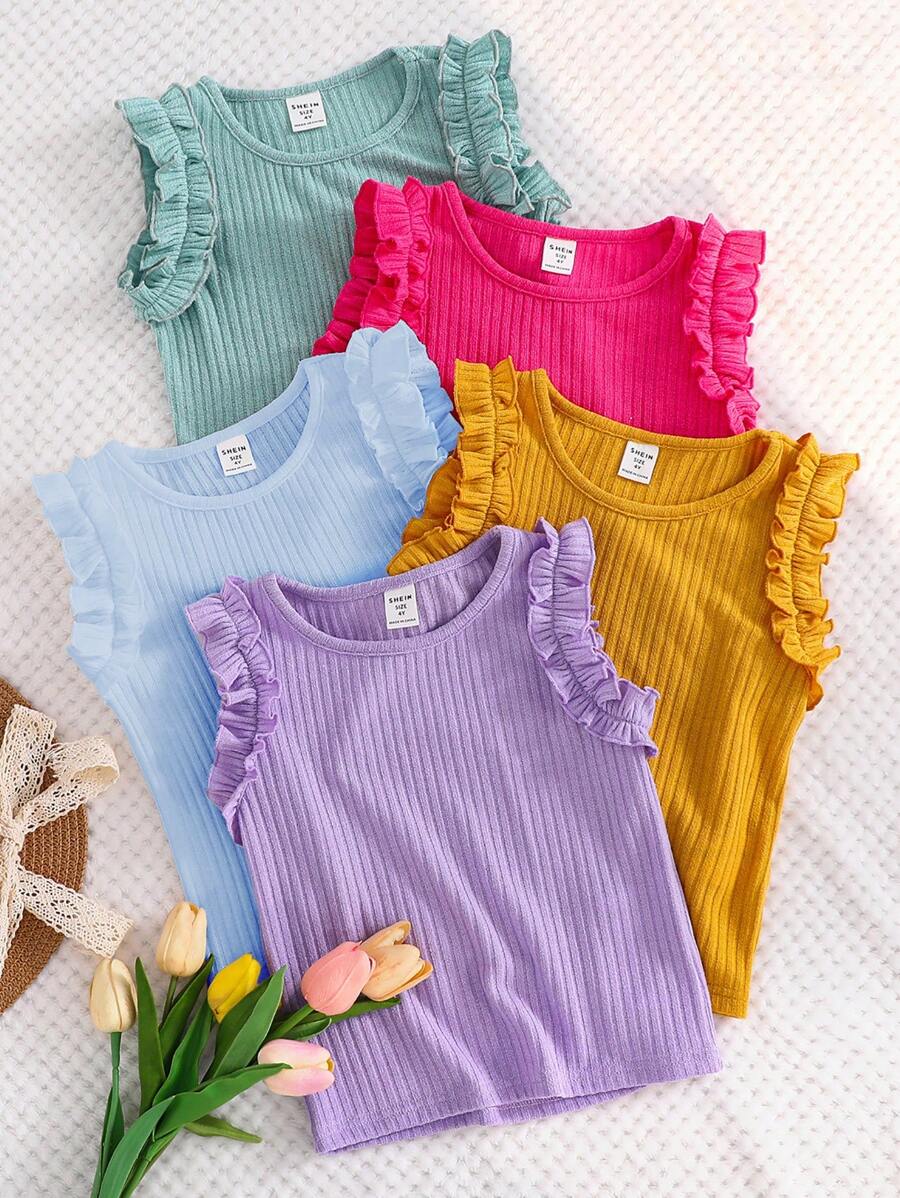 Set de 5 camisetas de manga corta con cuello redondo, ajuste ceñido, color liso y volante en el bajo, para niñas jóvenes