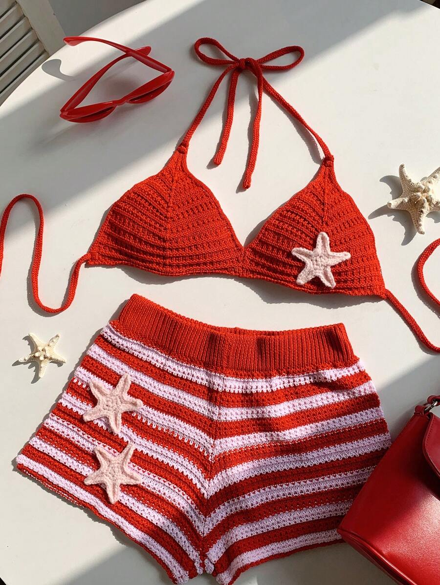 Comfortcana European Summer Beach Outfits American Flag Bikini 2pcs/Set Women Starfish Decoration Sleeveless Top And Striped Knit Shorts