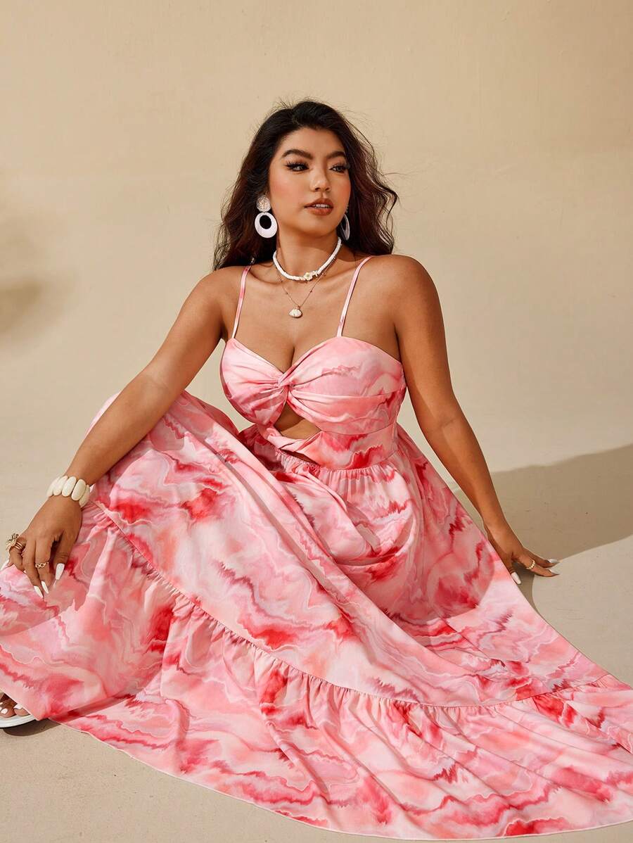 Sunserae Tie Dye Pattern Twist Ruched Waist Maxi A-Line Flare Hem Elegant Romantic Vacation Summer Plus Size Dress Tropical Colorblock Floral Print Boho Fashionable Style