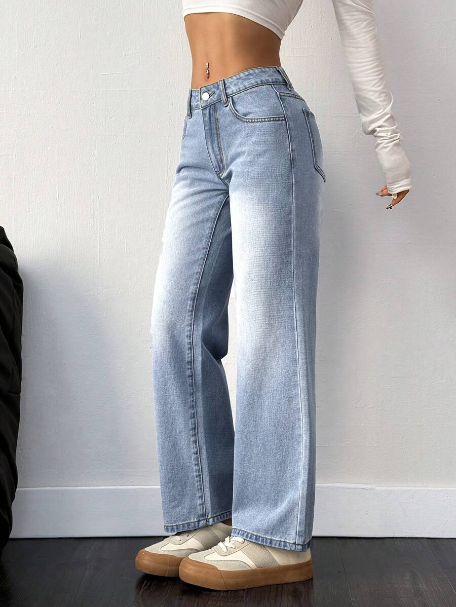 SHEIN PETITE Damskie proste luźne jeansy casualowe z kieszeniami, uniwersalne