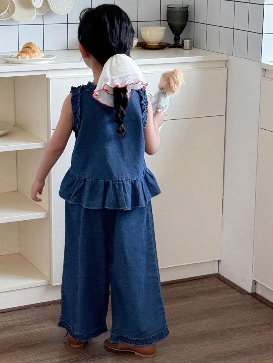 DAZY Conjunto de 2 piezas con top sin mangas de cuello redondo y pantalones de mezclilla para niñas jóvenes