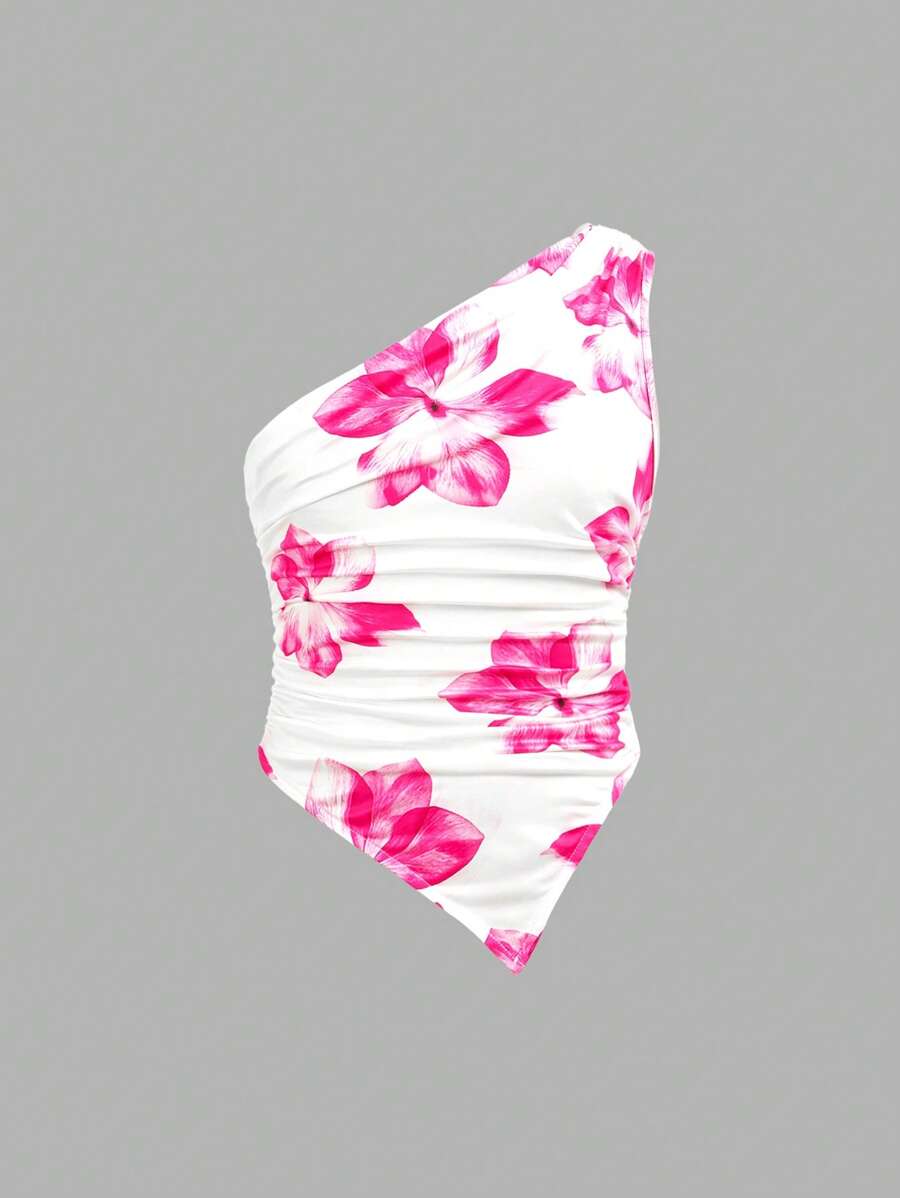 Top débardeur en tricot à fleurs asymétrique avec fronces aux épaules et ourlet pour jeunes filles, en rouge et blanc