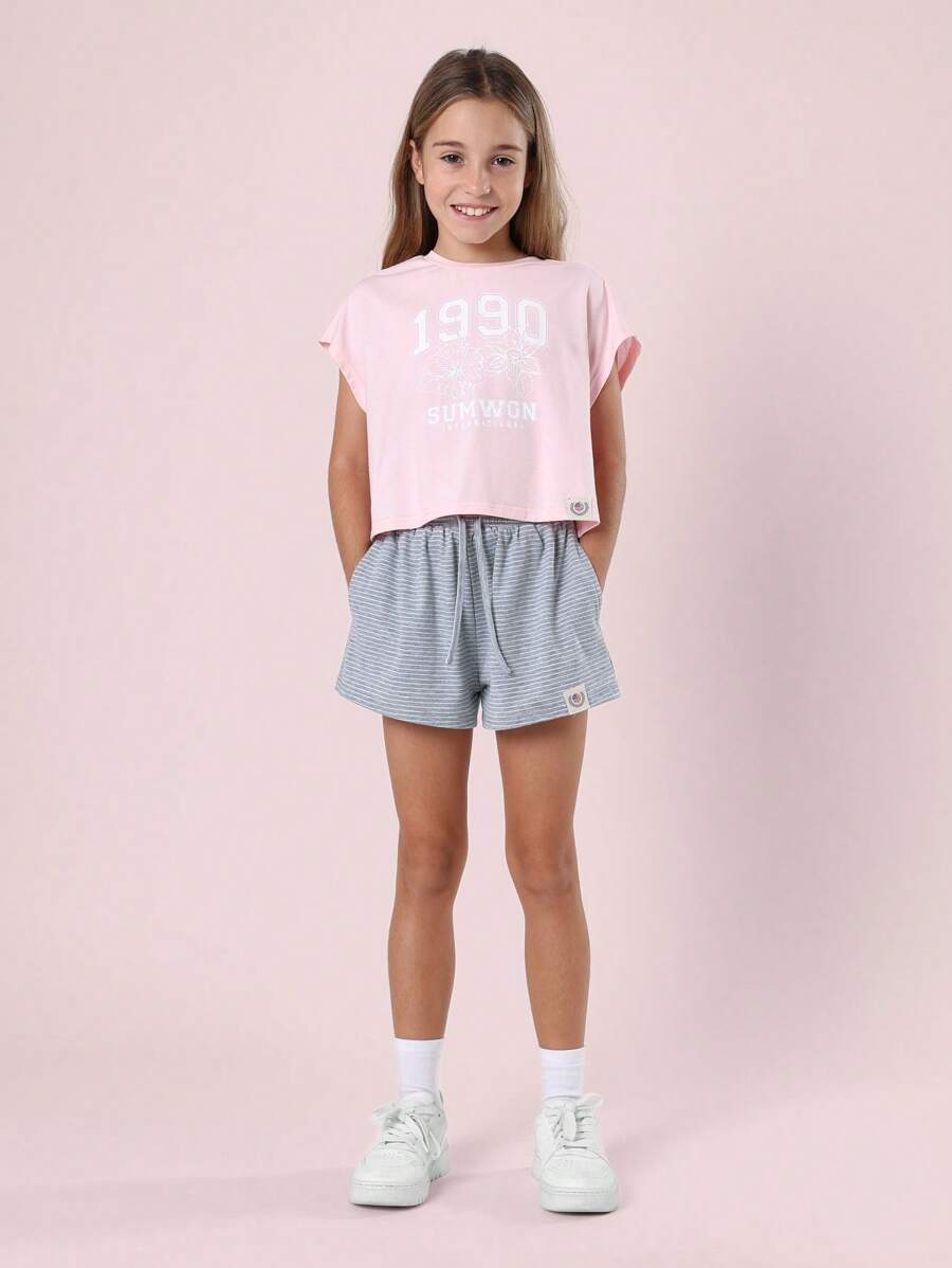 SUMWON Conjunto estilo universitario a juego de verano con mariposas, que incluye top corto y shorts de estar en casa, outfit casual de moda primaveral de deporte internacional