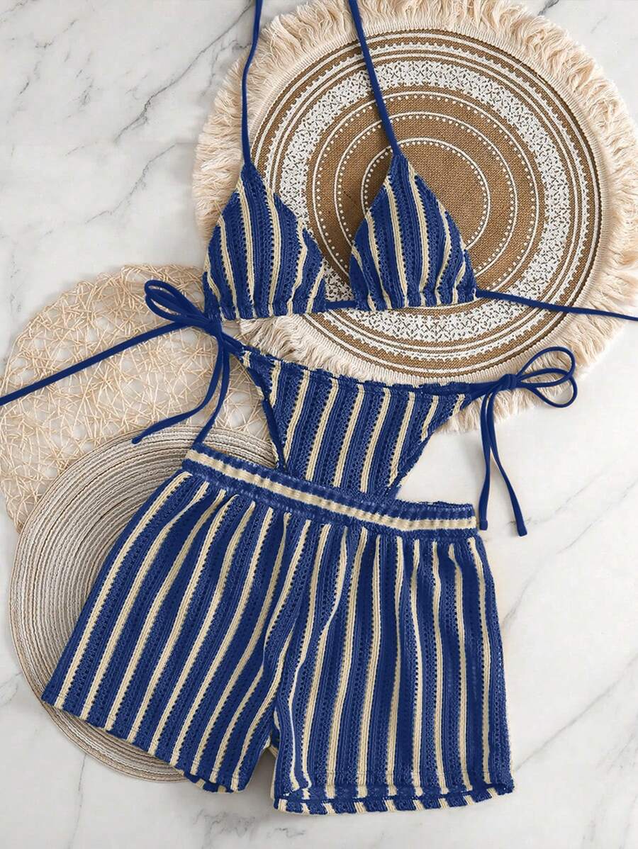 SHEIN Set de 3 piezas de cubrecosturas de crochet con cordón estilo boho para bikini