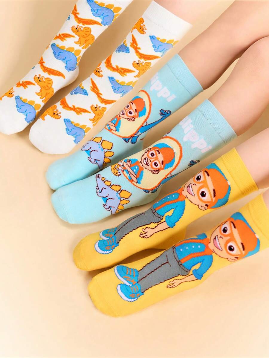 Blippi X SHEIN 3 Pairs Cartoon Figure Graphic & Dinosaur Pattern Kids Socks Set, 100% Cotton