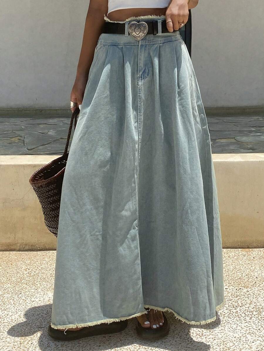 Livesso Summer New Loose Casual Distressed Denim Washed Umbrella Skirt For Women