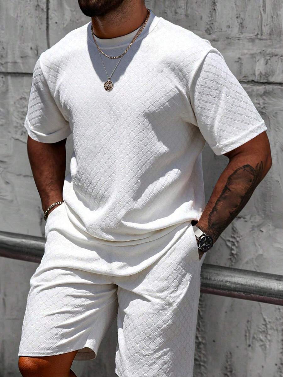 Manfinity CasualCool Conjunto informal de dos piezas de punto de unicolor básico de verano para hombres, con cuello redondo y manga corta, adecuado para uso casual diario, regalo apropiado para esposo y novio, conjunto blanco para hombres