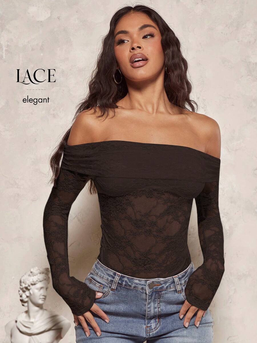 SHEIN x Carly Lawrence SHEIN BAE Sexy See-Through Lace Splicing Off Shoulder Long Sleeve T-Shirt For Romantic Valentine's Day Date,Ladies Sexy Ruched,Sheer Regular Sleeve Off The Shoulder Slim Fit Coffee Brown Plain Women Tops,Spring/Fall,Casual Daily Wear
