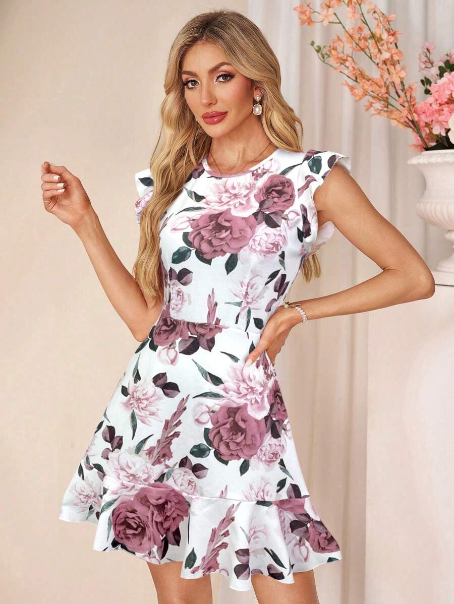 SHEIN Clasi Vestito mini attillato da donna con scollo a barchetta, maniche a campana e stampa floreale rosa e bianca
