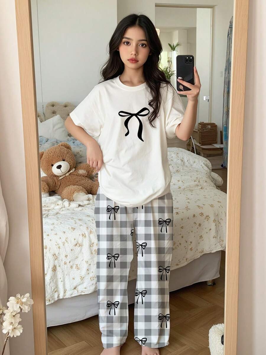SHEIN Conjunto de pantalón y top de manga corta con lazo decorativo, estilo casual y sencillo para niñas pre-adolescentes, adecuado para el verano