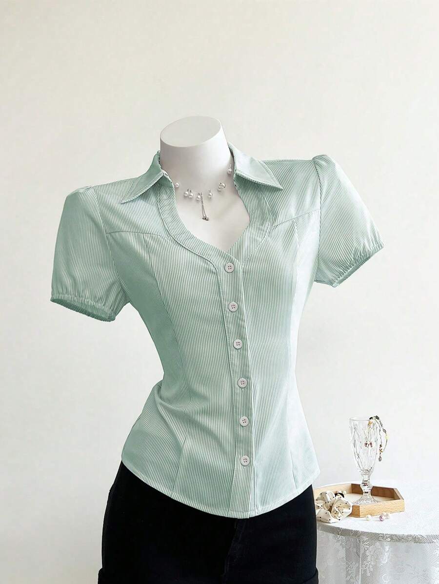 Elamini Blusa de manga corta con rayas y estampado floral