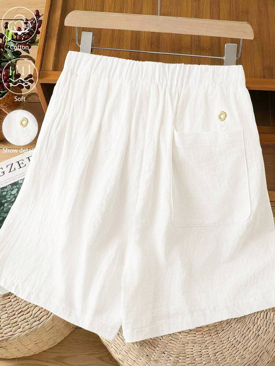 EMERY ROSE Shorts informales de mujer con cintura elástica blanca y bordados