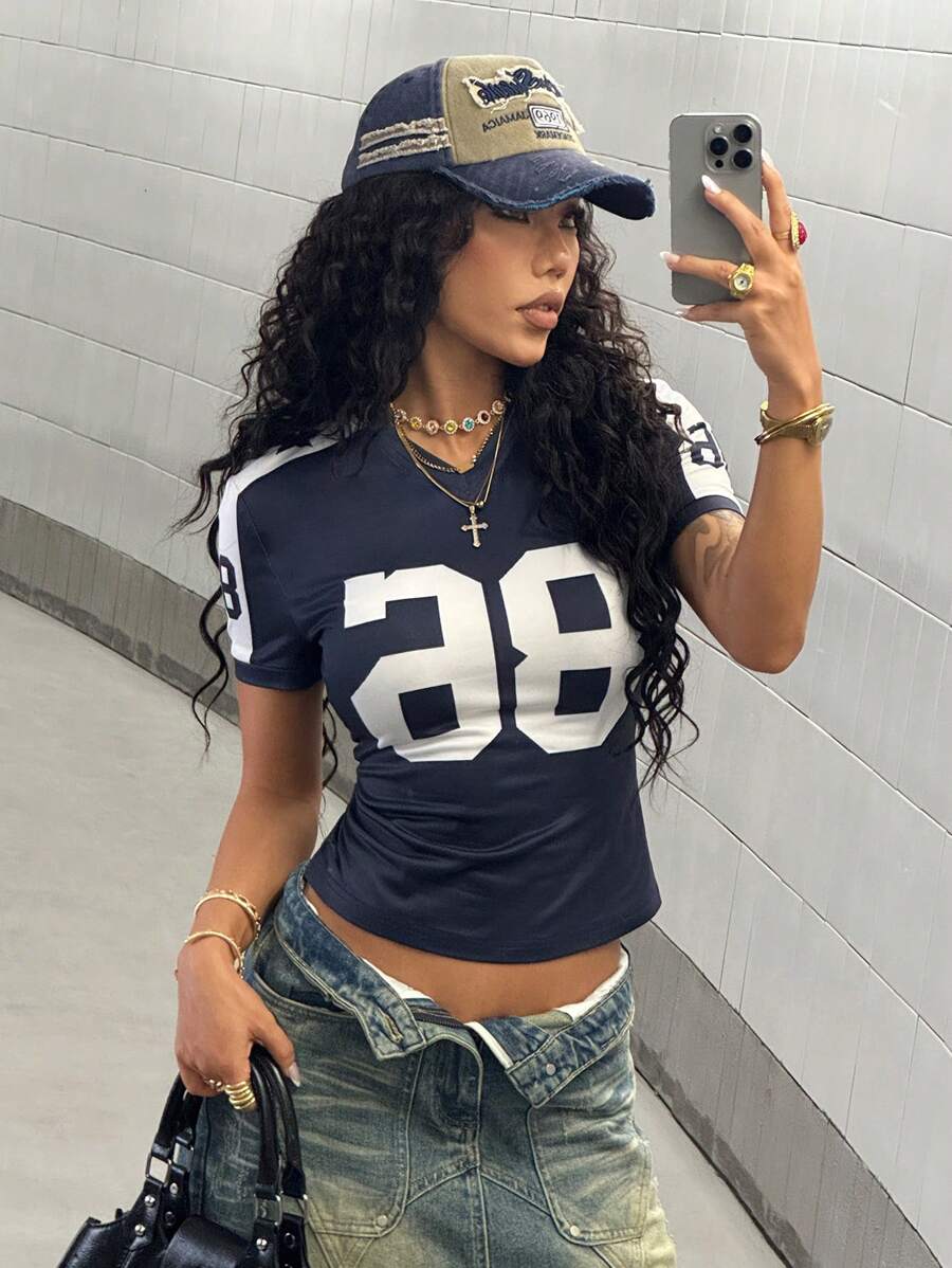 StreetHx Women's Navy Blue Number Print T-Shirt Streetwear Short Sleeve, Spring/Summer