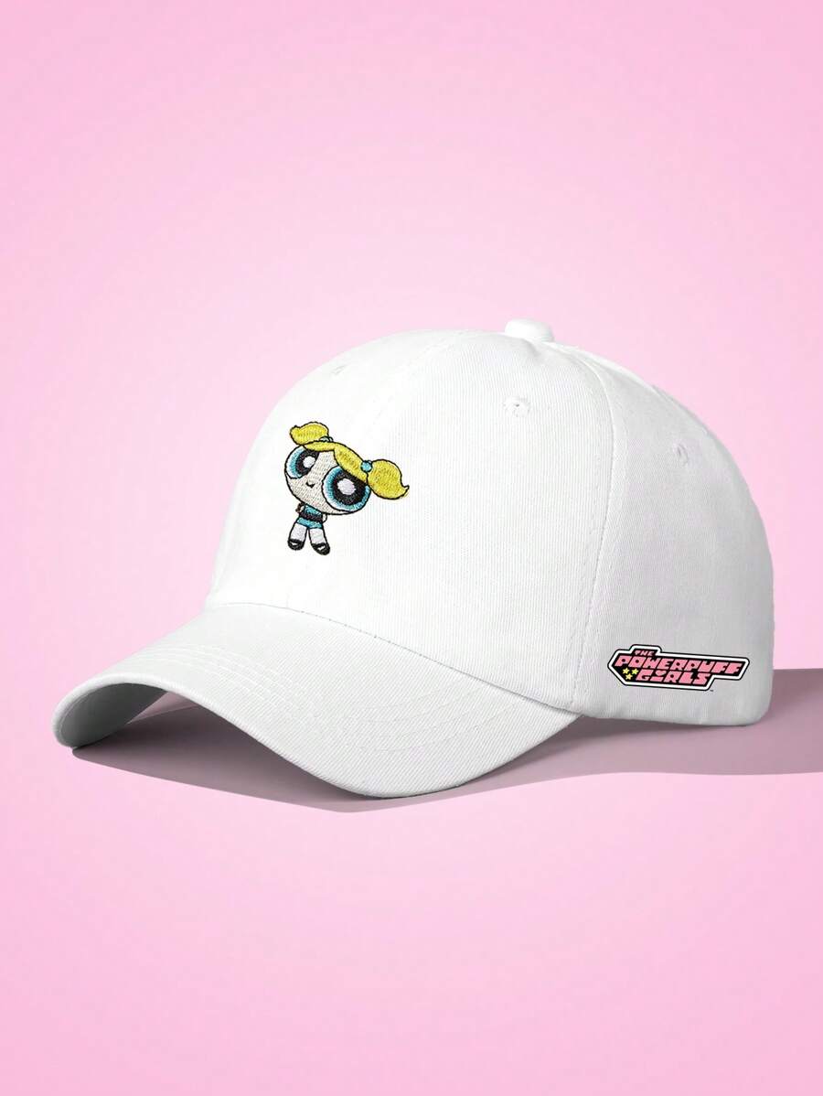 THE POWERPUFF GIRLS X SHEIN Baseballcap in Weiß mit Blasenstickerei und Seitenbuchstabendruck