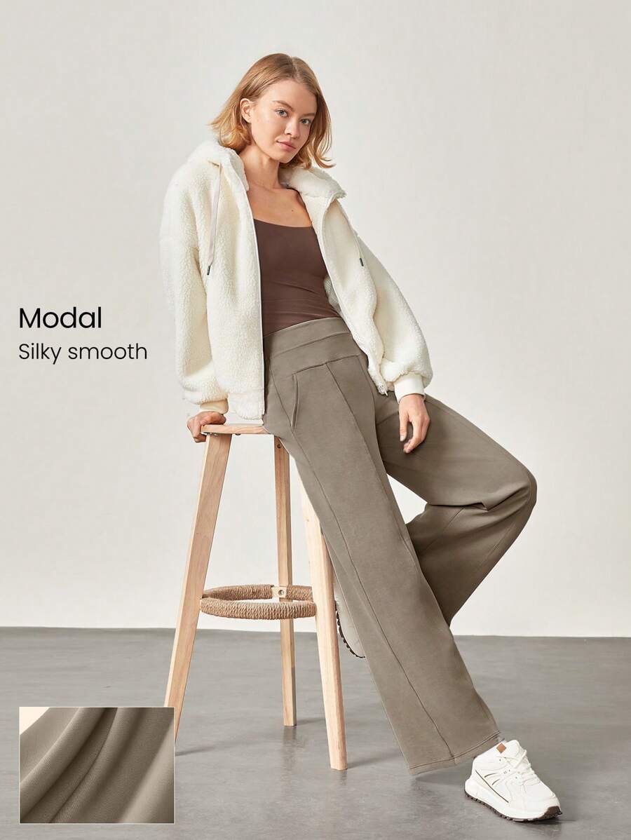 GLOWMODE Modal Silk Touch Wide Leg High Waist Lounge Pants With Side Pockets Daily Casual Fall