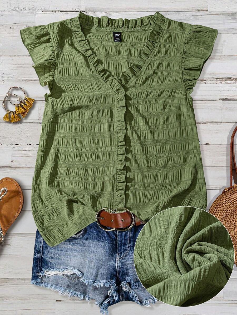 Linhara Women Plus Size Plain Textured Fabric V-Neck Ruffle Trim Puff Sleeve Fitted Casual Regular Blouse