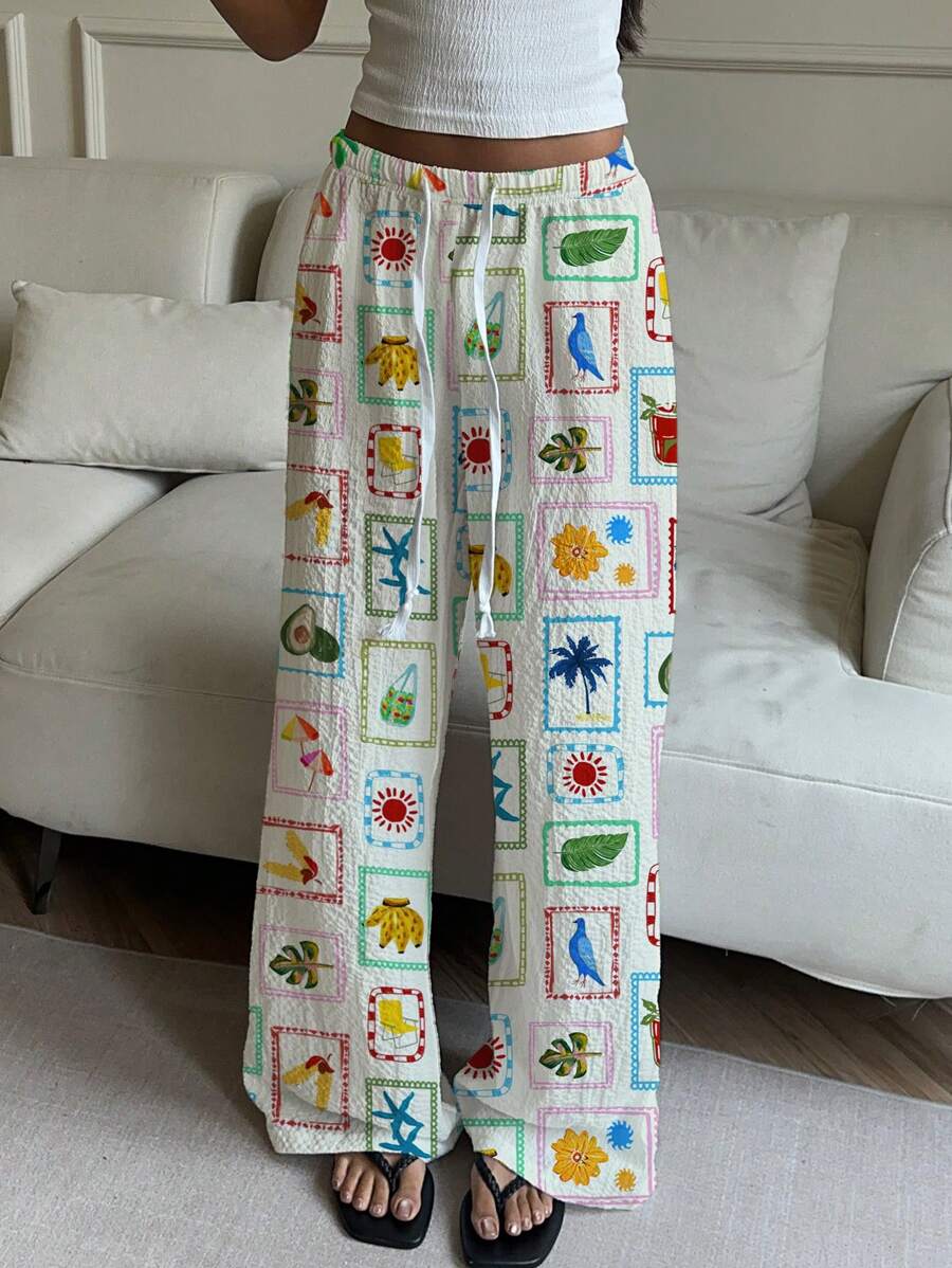 Aloruh Elegant Low Waist Sexy Lady Beach Summer Theme Graphic Print Casual Pants, Suitable For Summer