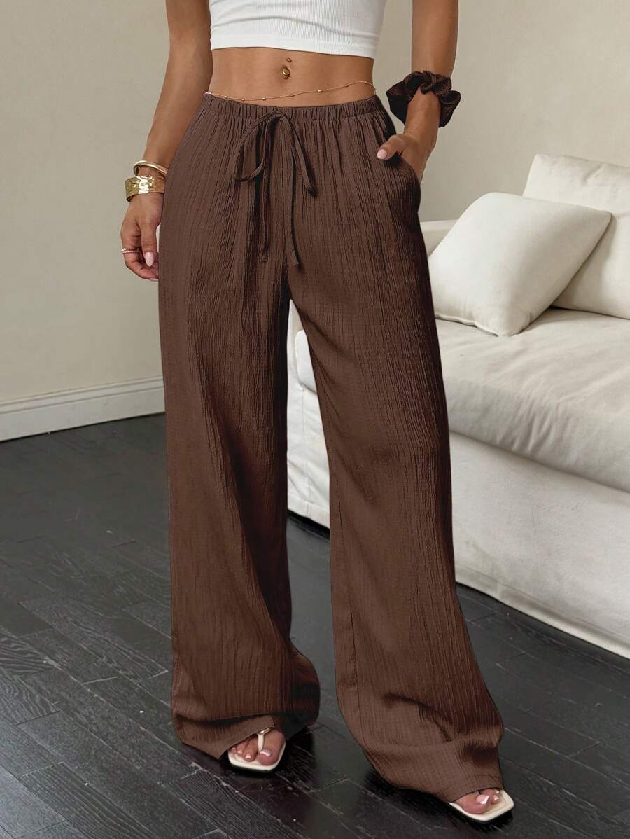 Flirla Pantalones casuales de verano para mujer de unicolor con cintura elástica, cordón y bolsillos