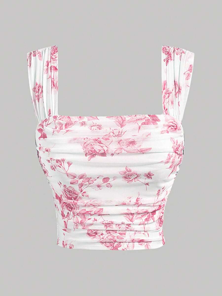Girlism Chaleco elegante y encantador de ajuste ceñido con cuello cuadrado, estampado floral rosa y blanco, plisado, para adolescentes, ropa de otoño, ropa de Halloween, top de Renacimiento, Feria del Renacimiento