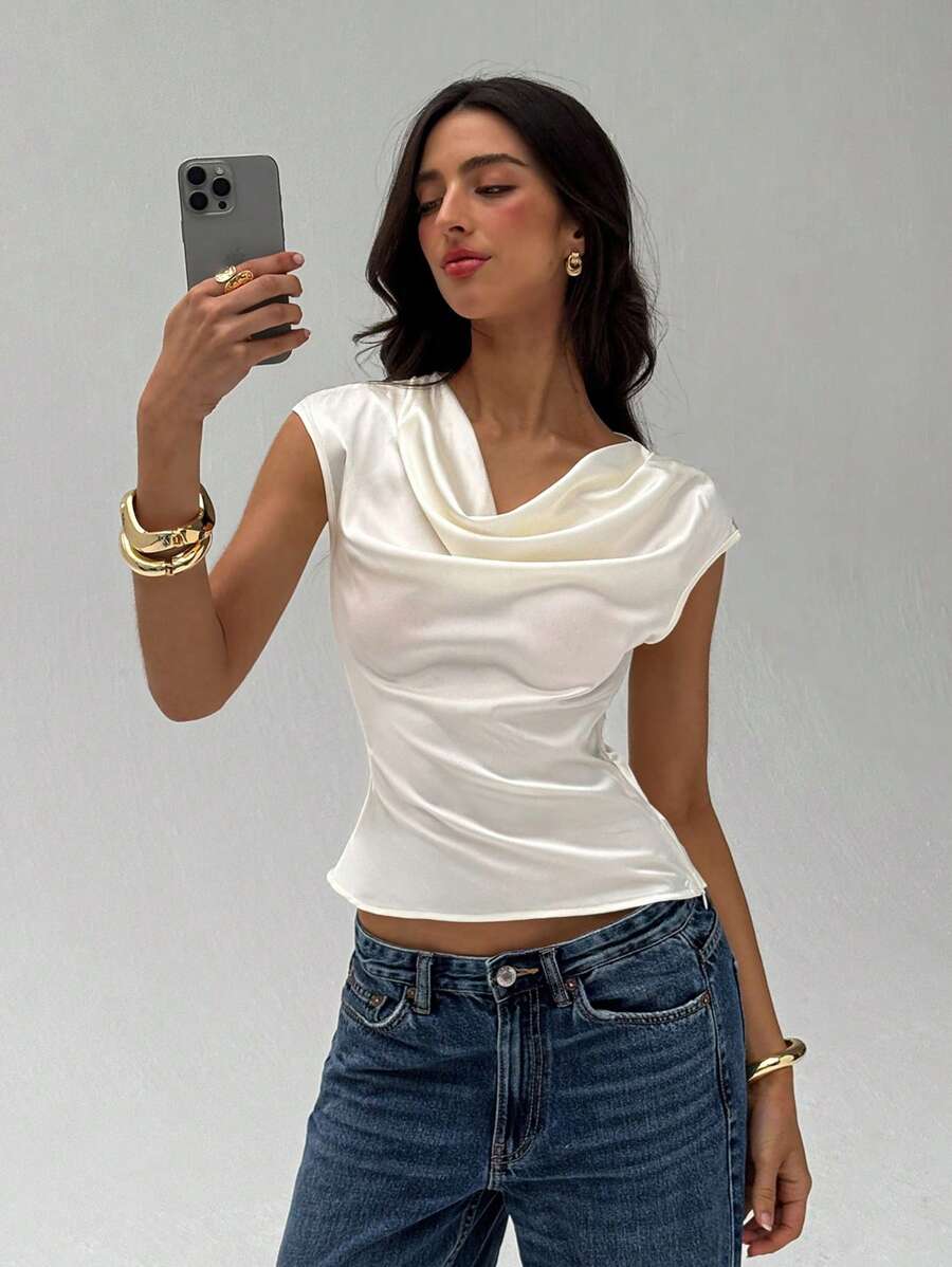 Aloruh Camicia elegante da donna di colore solido, senza colletto e senza maniche, adatta per pendolarismo, ufficio e uso quotidiano, per primavera/estate