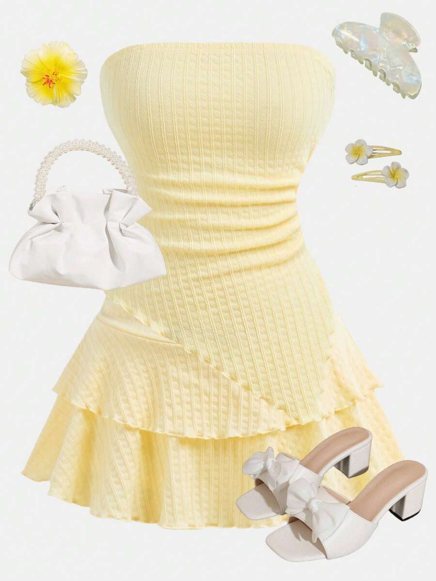 Girlism Teen Girls Resort Style Mustard Yellow Textured Tube Top With Front TwistGathered Waist Irregular Hem And Ruffled Skirt Two Pieces Suit. Suitable For Afternoon Tea, Streetwear, Vacation, Layering Or Party Wear, Autumn/Winter/Cute/Vacation