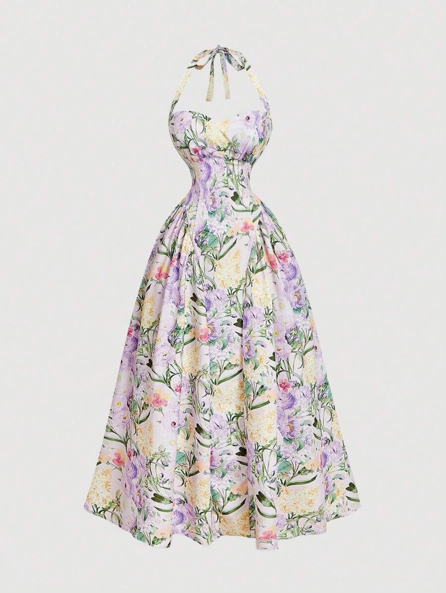SHEIN MOD Vestido de mujer de largo medio con cuello halter y estampado floral romántico, ideal para el Día de San Valentín, primavera, brunch, fiesta de té, vacaciones en la playa, vestido floral, vestidos vintage para mujer