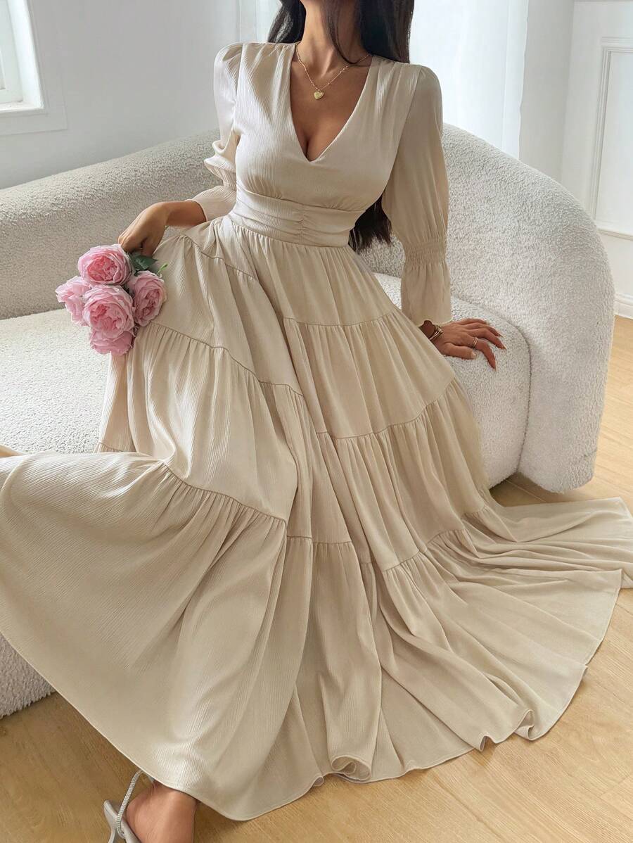Strévra Vestito lungo a-line in vita con scollo a v per donna