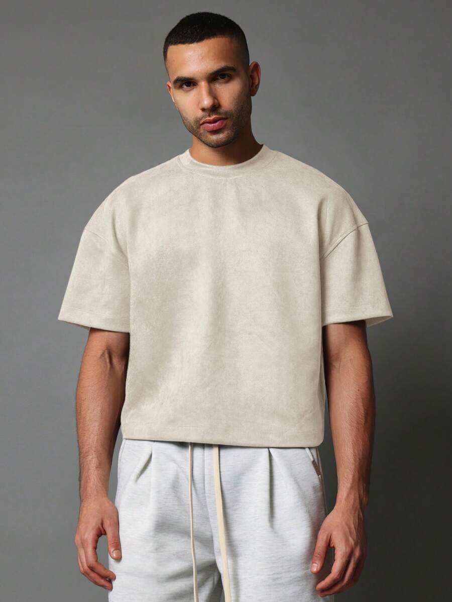 SUMWON Camiseta de manga corta cuello crew de ajuste boxy esencial, de lujo, diseño minimalista para uso en casa, calle o deporte