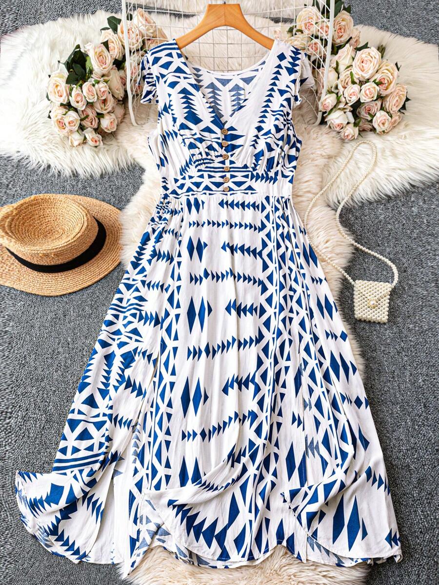 Breezaya Plus Size Women Fashionable V-Neck Handbag Slit Floral Print Dress