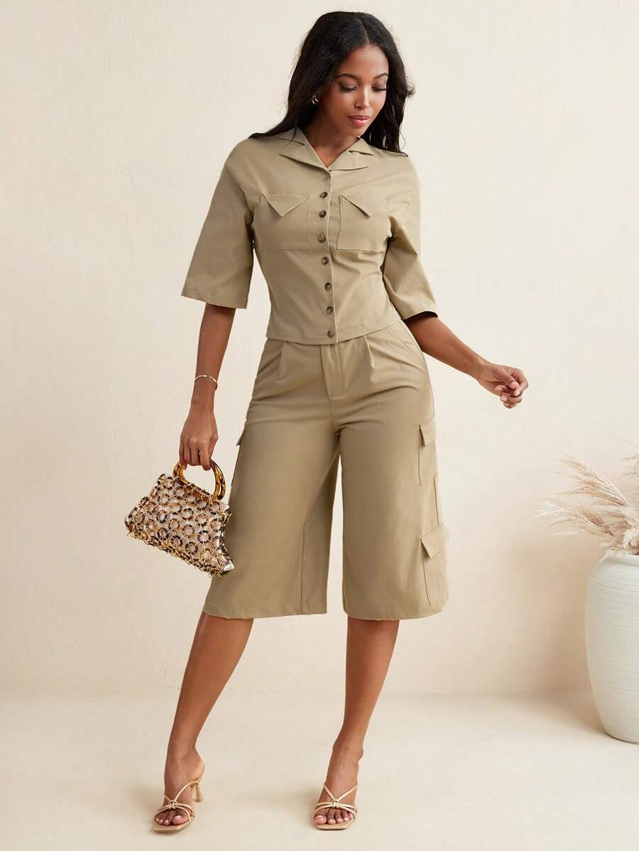 GYD studio Light Khaki Oversized Short Sleeve Pocket Button Casual Tops Women's Business Casual Blouses Summer Short Sleeve Shirt, Office