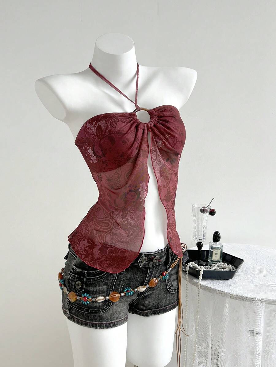 Elamini Women's Mesh Patchwork Round Ornament Decorative Sheer Halter Neck Camisole