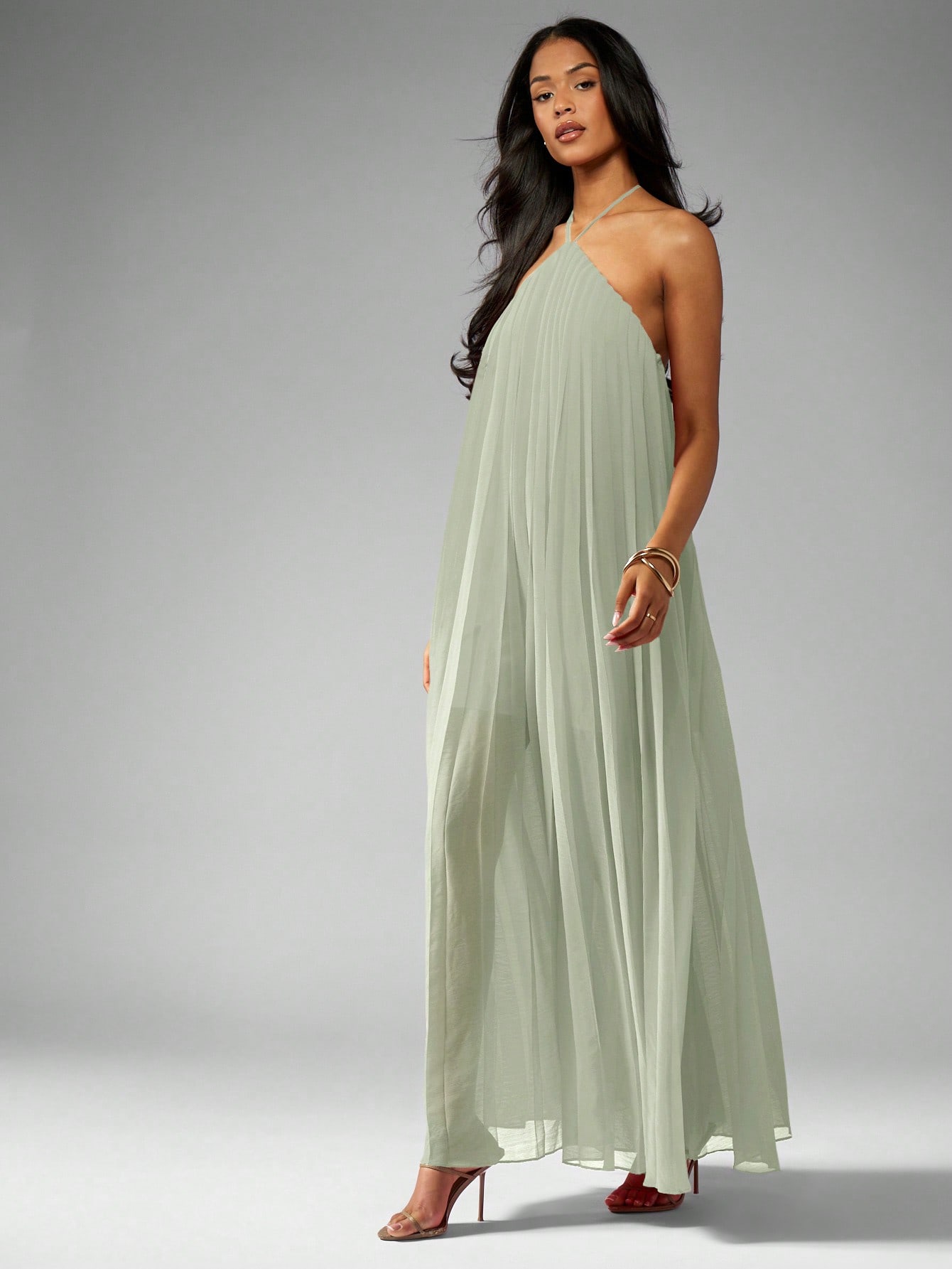 MISSGUIDED Pleated Georgette Halter Floor Length Open Back