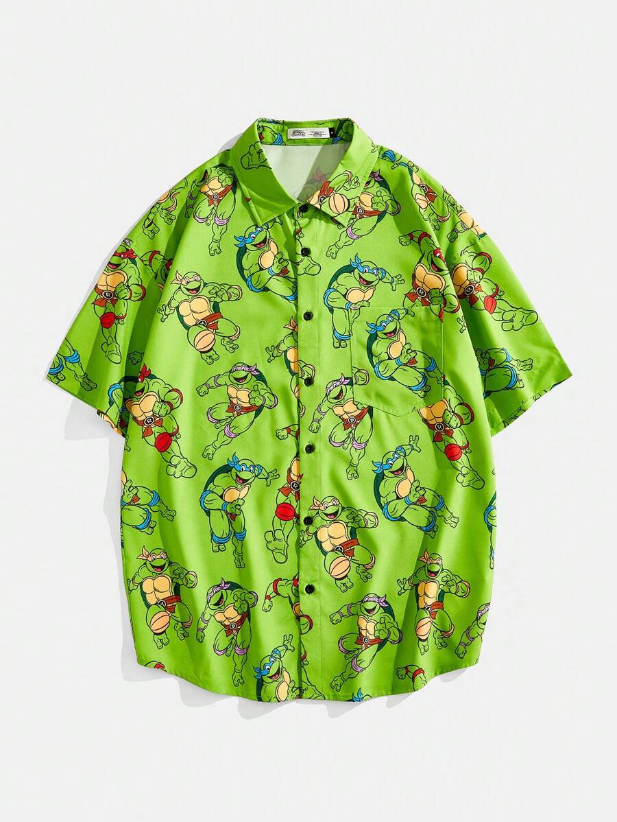 TEENAGE MUTANT NINJA TURTLES X SHEIN Camisa holgada informal de manga corta y tejido estampado para hombres en verano