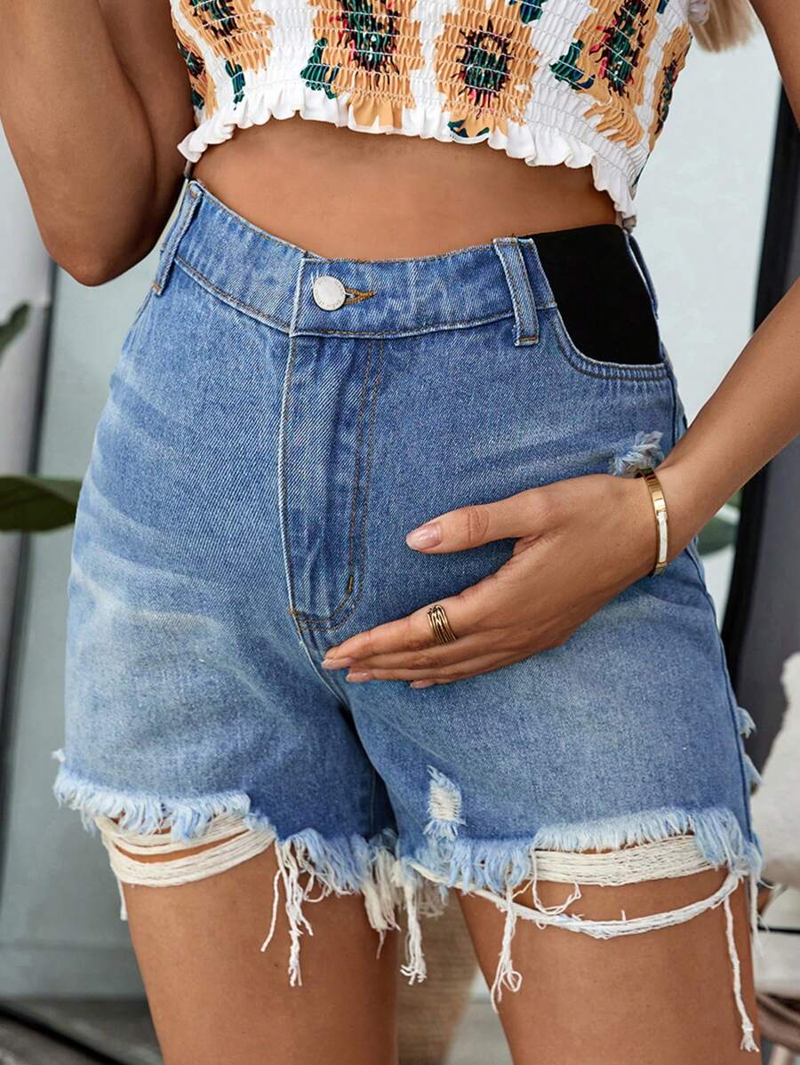 SHEIN Shorts vaqueros de maternidad, shorts azules rasgados de ajuste casual y delgado