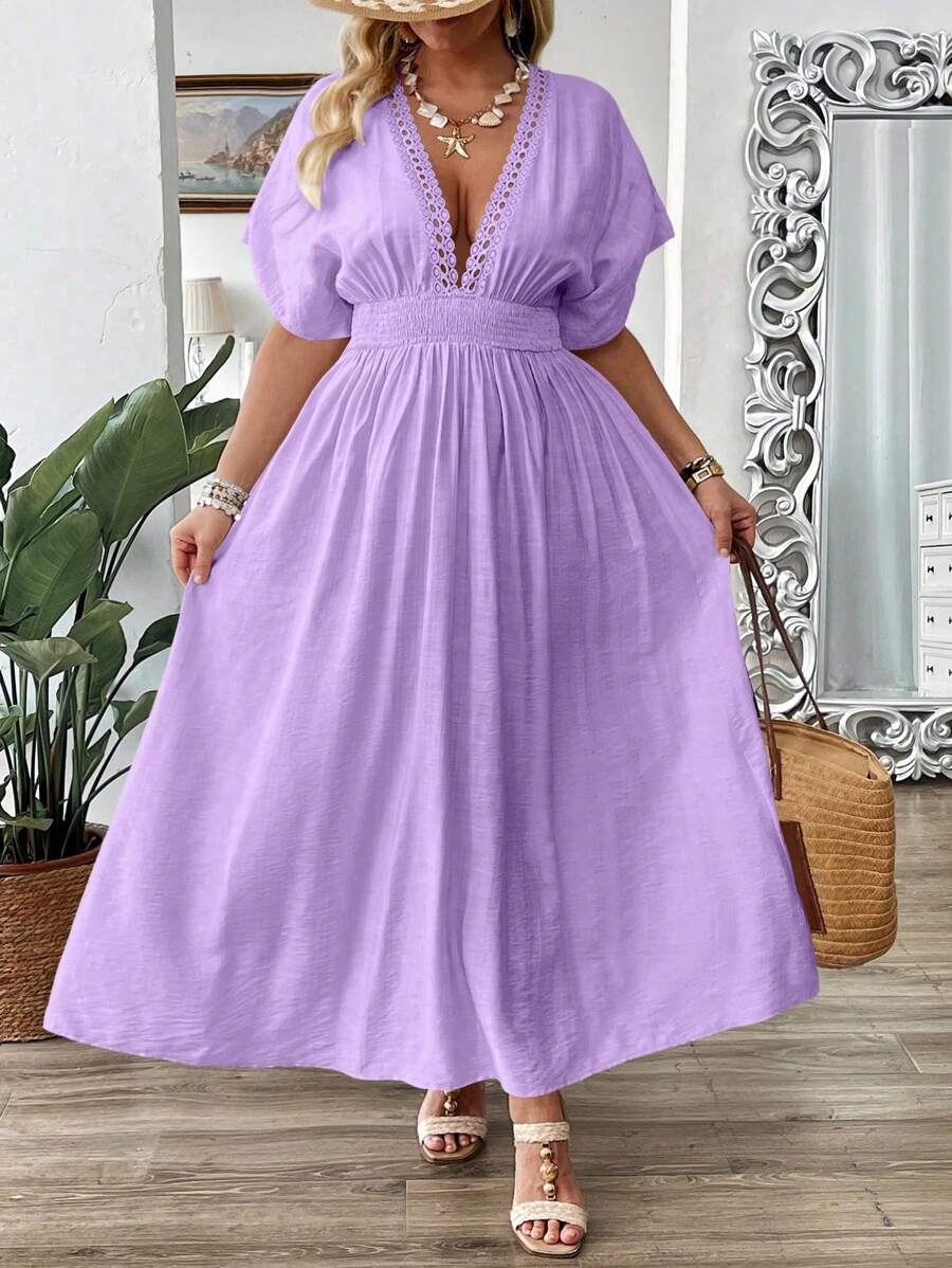 SHEIN Holidaya Plus Size Women Shirred Short Sleeve Embroidered Frill Trimmed Waisted A-Line Maxi Vacation Dress