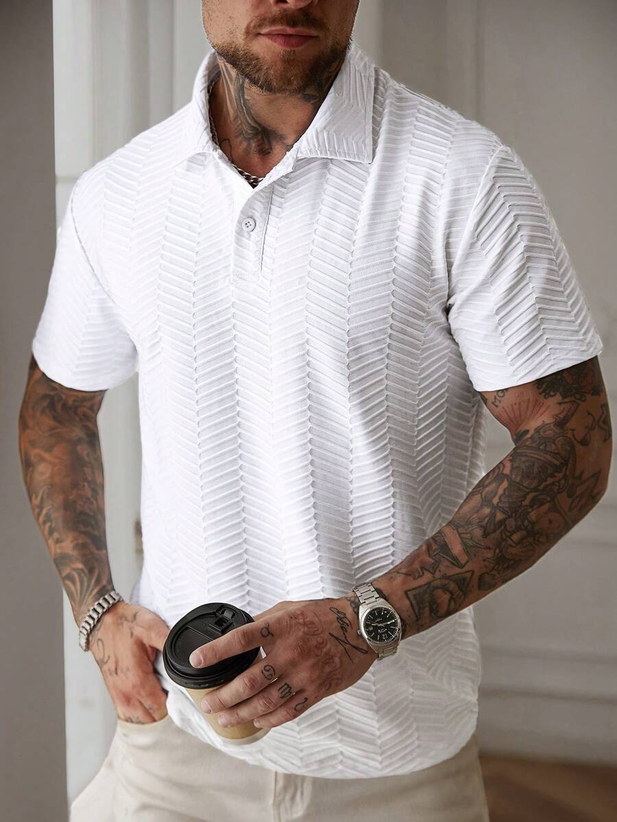 Manfinity CasualCool Manfinity EMRG Men's Casual Everyday Wear, Ins Inspired Design, Classic Textured Knit Short Sleeve Polo Shirt, Button Placket, Suitable For Music Festivals, Vacations And Daily Looks, Men's Color Block Textured Fabric Casual Polo Shirt, Gift For Husband Or Boyfriend