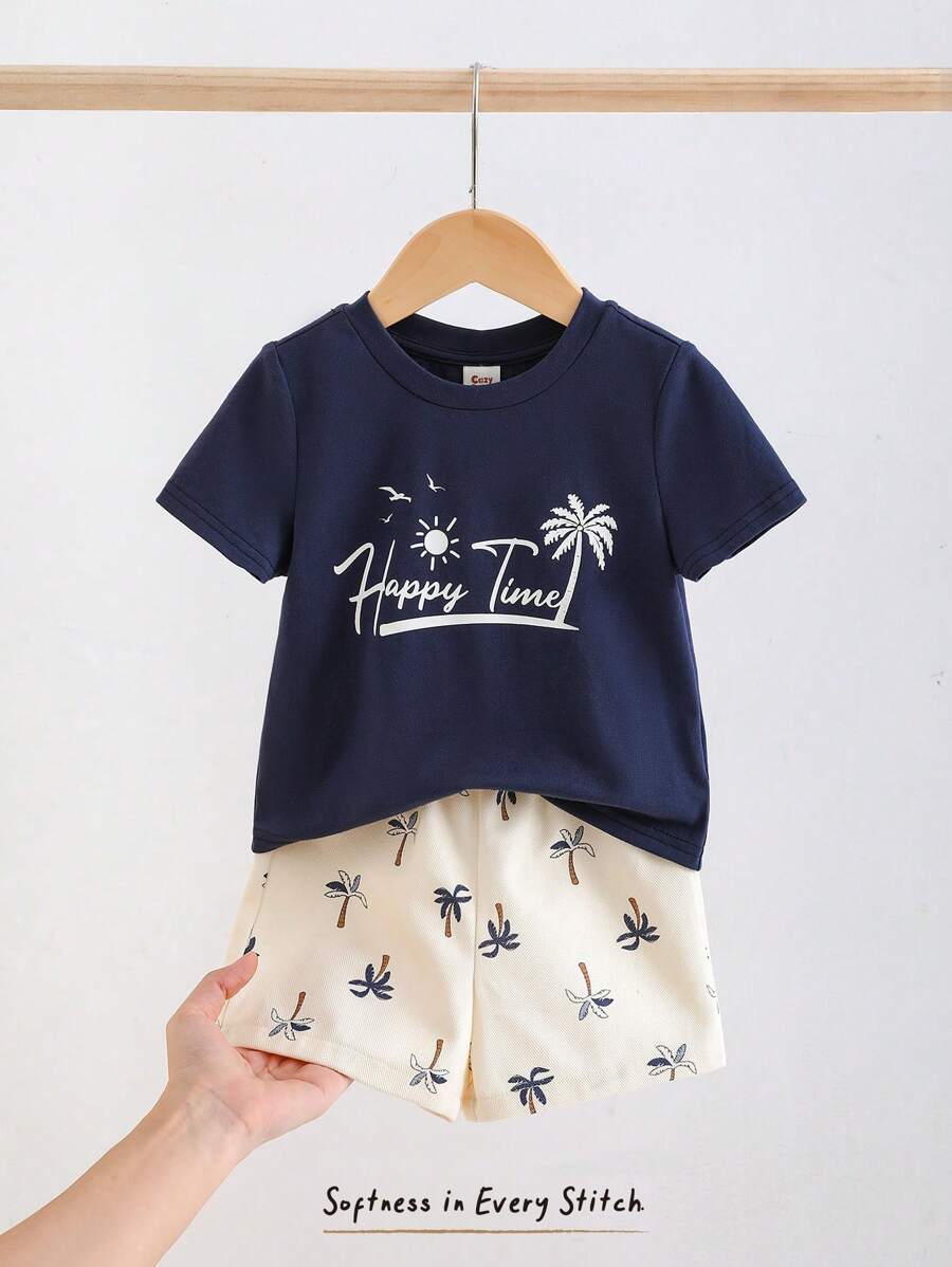 Cozy Pixies 2pcs Baby Boy Coconut Tree Pattern Knitted Soft Round Neck Short Sleeve Top And Elastic Waist Shorts Set