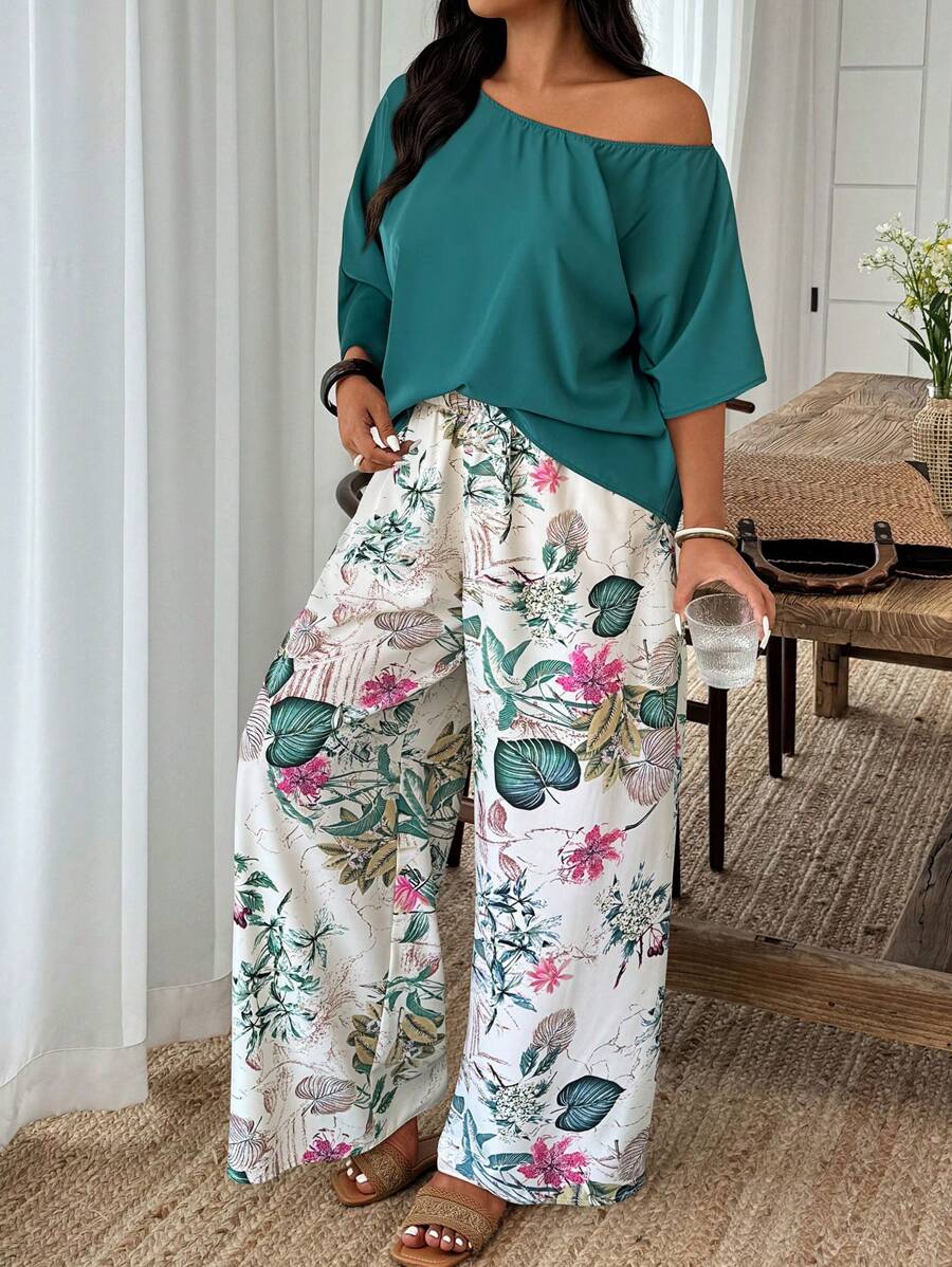 Weeklong Conjunto informal/de vacaciones de 2 piezas de talla grande con estampado aleatorio