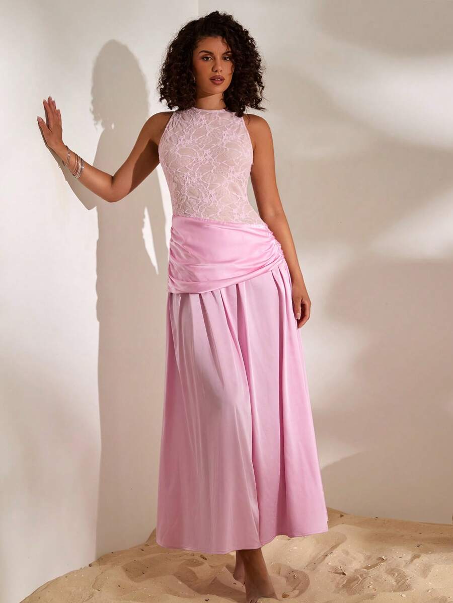 Opulessa Abito da donna elegante con vita arricciata e pizzi a contrasto