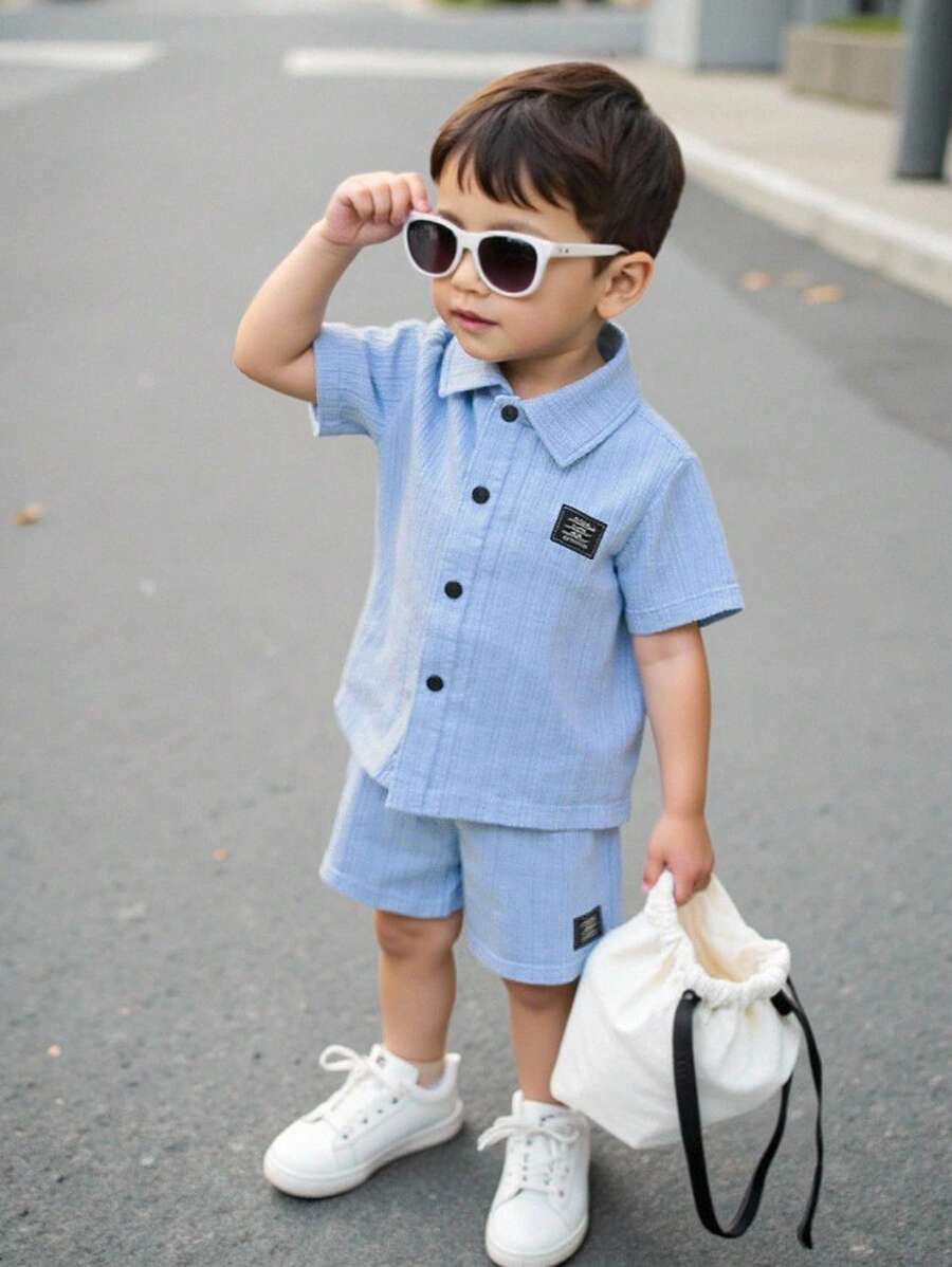 2pcs/Set Young Boy Casual Short Sleeve Shirt + Shorts Outfit, Suitable For Daily Wear, School, Travel, Outdoor Play, Summer Season