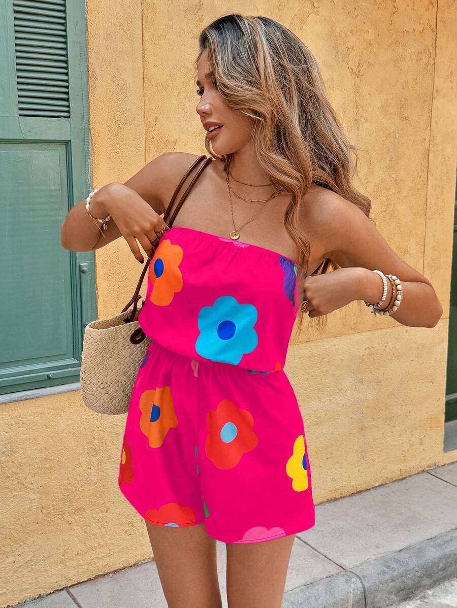 SHEIN VCAY Mono sin mangas con estampado para mujeres, conjunto de vestir casual para vacaciones