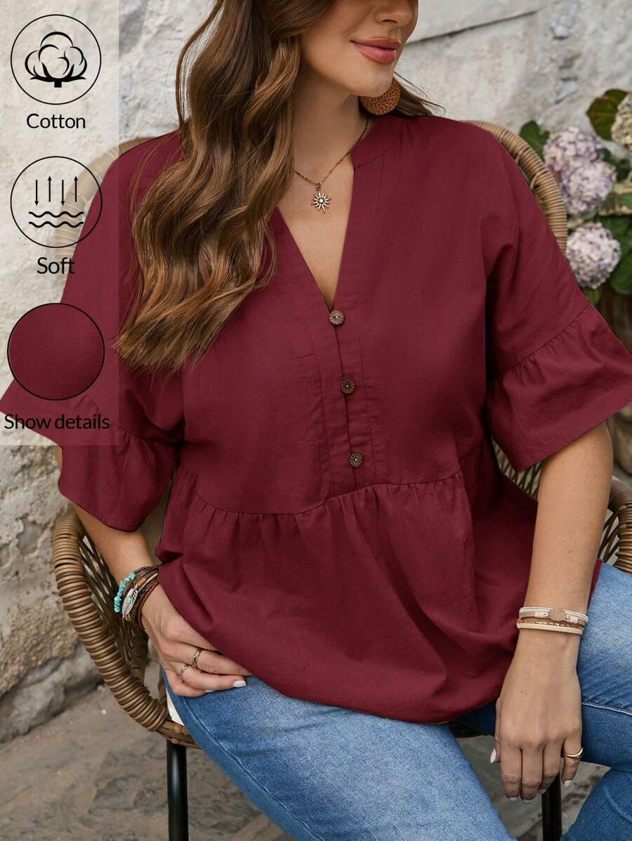 SHEIN LUNE Plus-size effen V-hals korte mouwen geplooide enkelrijs casual overhemd
