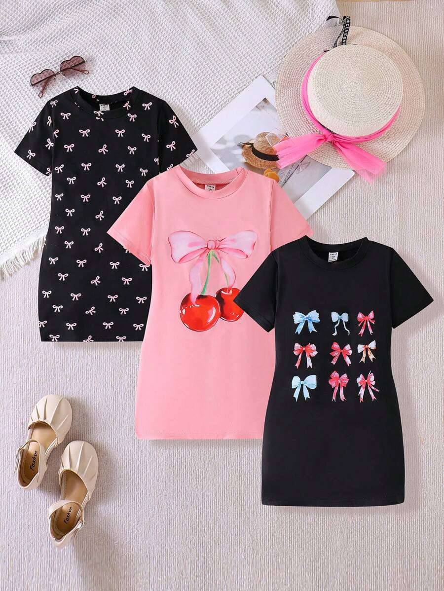 3pcs Pack Girls (Size Small) Short Sleeve Bow Print Casual Dress, Comfortable & Simple Summer Children's Clothing