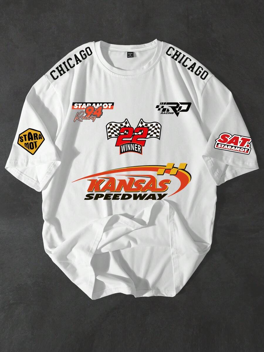 Manfinity Streetrush Plus Size Men's Letter Print Round Neck Casual Short Sleeve T-Shirt, Summer Racing Shirts Race Shirt