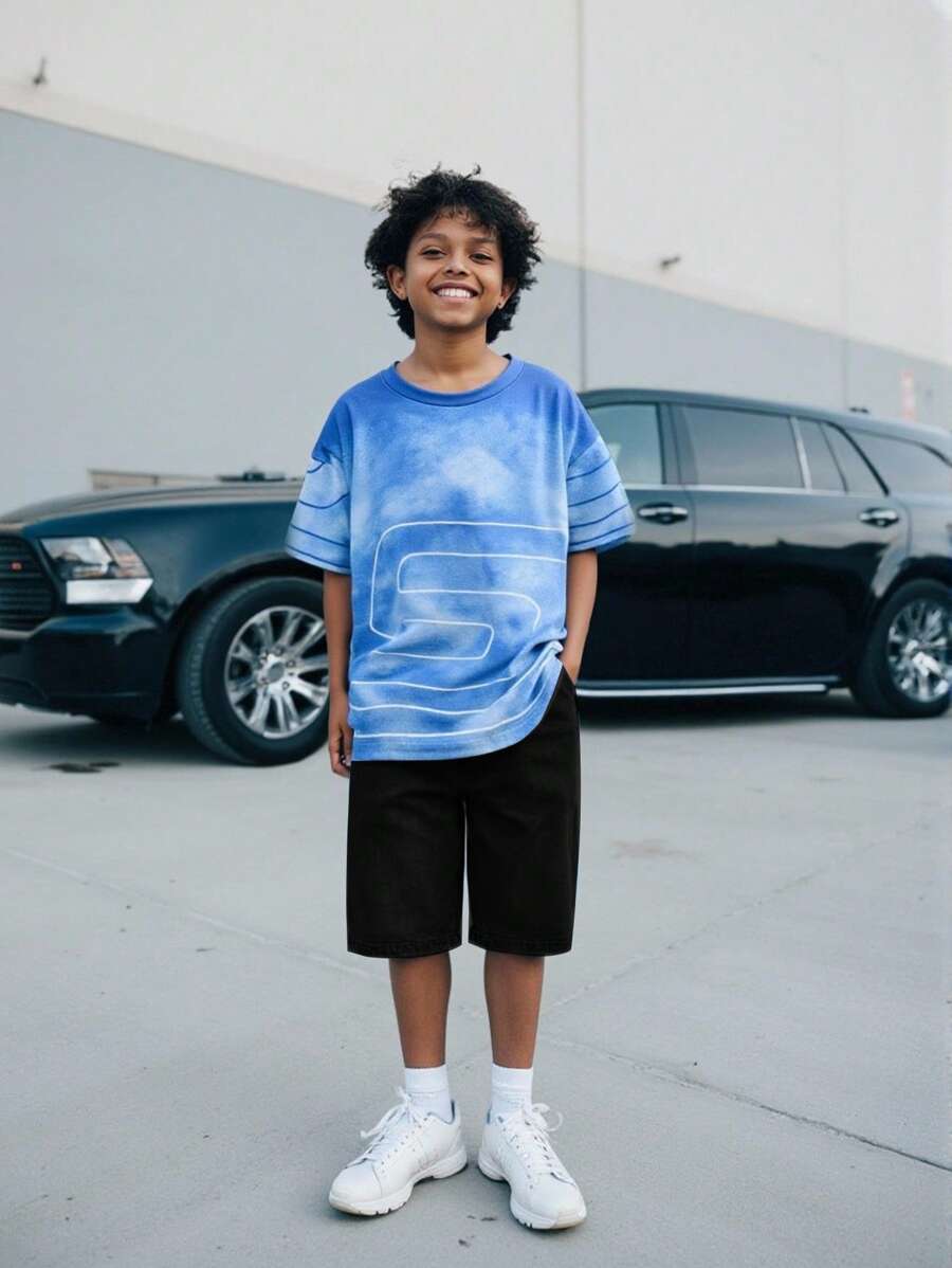 1 pieza Camiseta de manga corta cómoda con estampado de estrella y efecto tie-dye para niños, muy adecuada para el verano