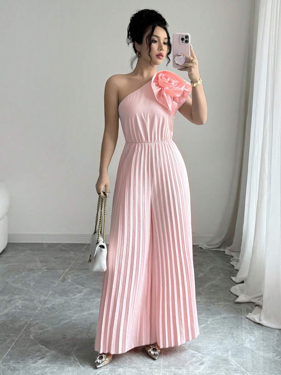 Elenzga Tuta elegante da donna con fiori 3D, volant asimmetrici sulla spalla e maniche a doppio strato con volant