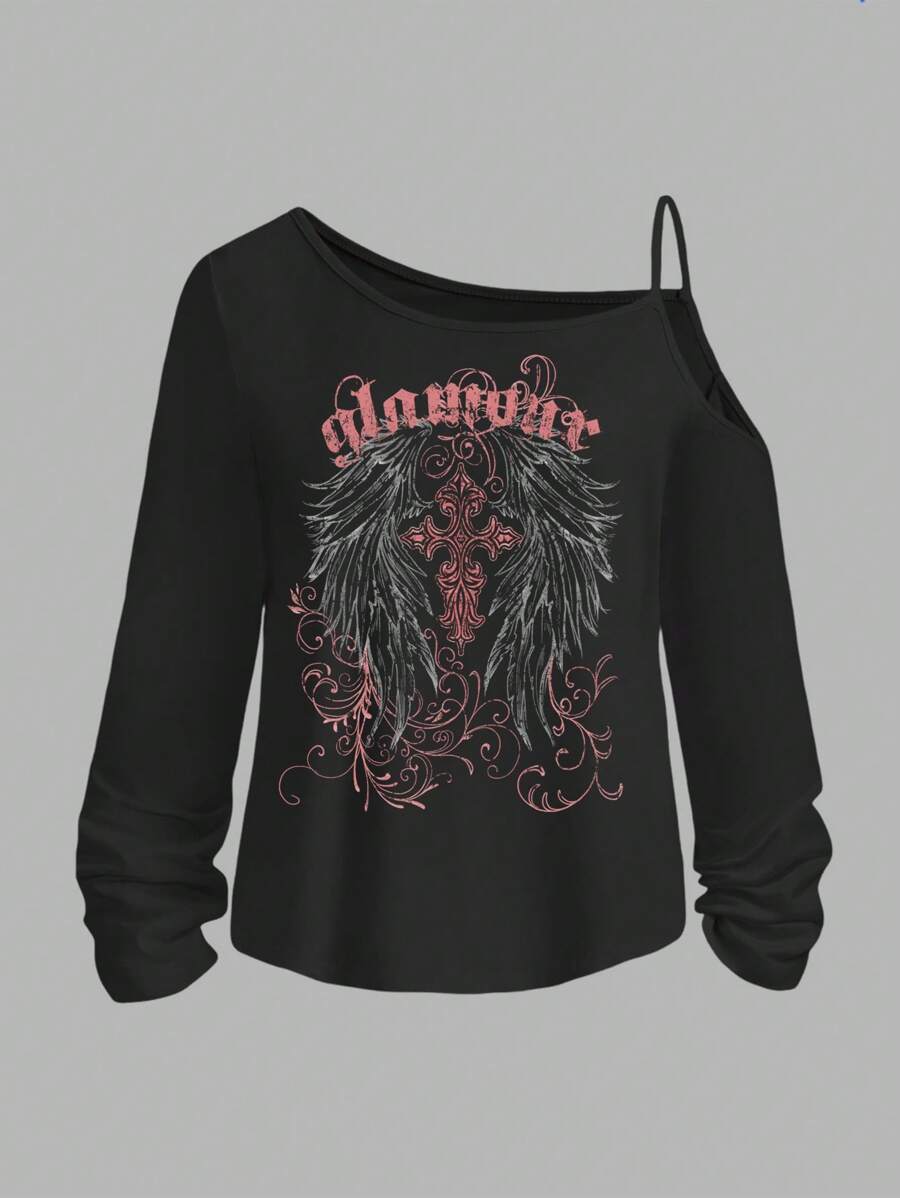 SHEIN Essnce Camiseta de manga larga con hombros caídos y estampado de alas y cruz en estilo gótico vintage para mujer