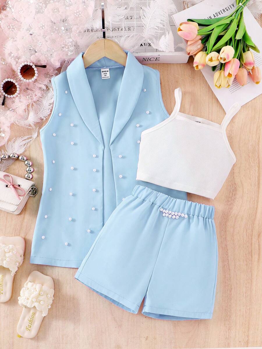 SHEIN 3pcs/Set Young Girl Girls Pink Blazer, Pearl Embellished Knit Camisole And Shorts, Casual Elegant Summer Vacation Set